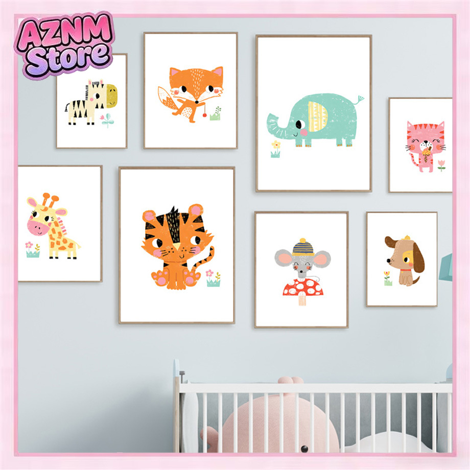 Baby Zoo Nursery - Cartoon Baby Animal Nursery Wall Art