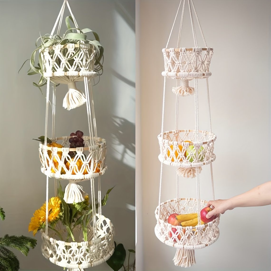 1/2/3-Tier Macrame Hanging Fru - đánh giá và giá Storage Basket Fabric
