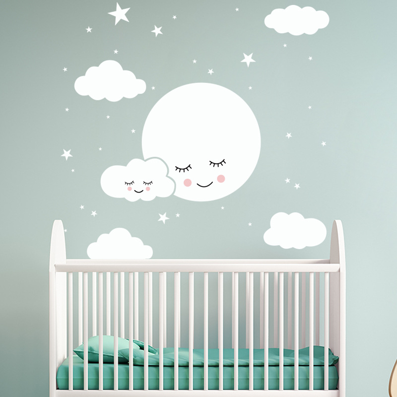 White Cartoon Smiling Cloud St - đánh giá và giá Baby Nursery Mural Wallpaper