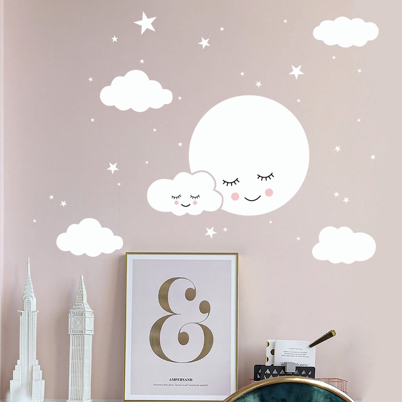 White Cartoon Smiling Cloud St - đánh giá và giá Baby Nursery Mural Wallpaper