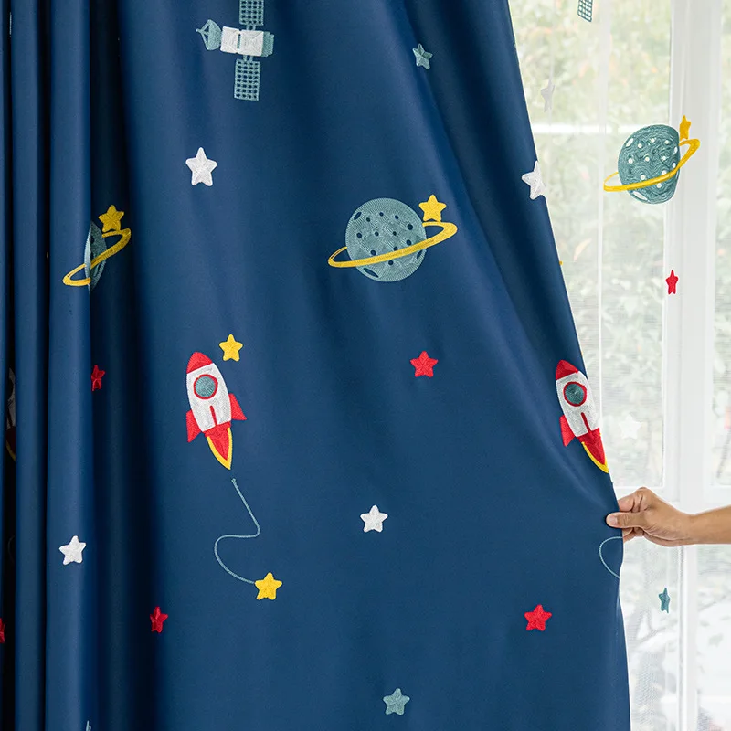 Navy Blue Cartoon Rocket Space - đánh giá và giá Baby Nursery Blackout Curtains