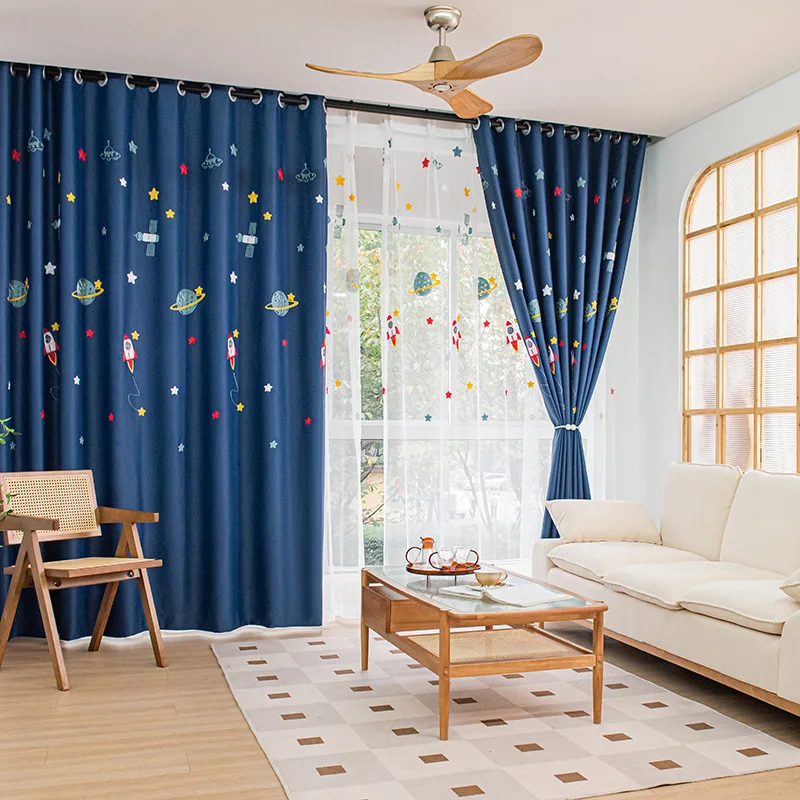 Navy Blue Cartoon Rocket Space - đánh giá và giá Baby Nursery Blackout Curtains