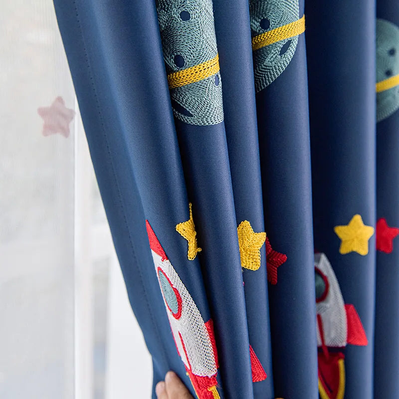 Navy Blue Cartoon Rocket Space - đánh giá và giá Baby Nursery Blackout Curtains