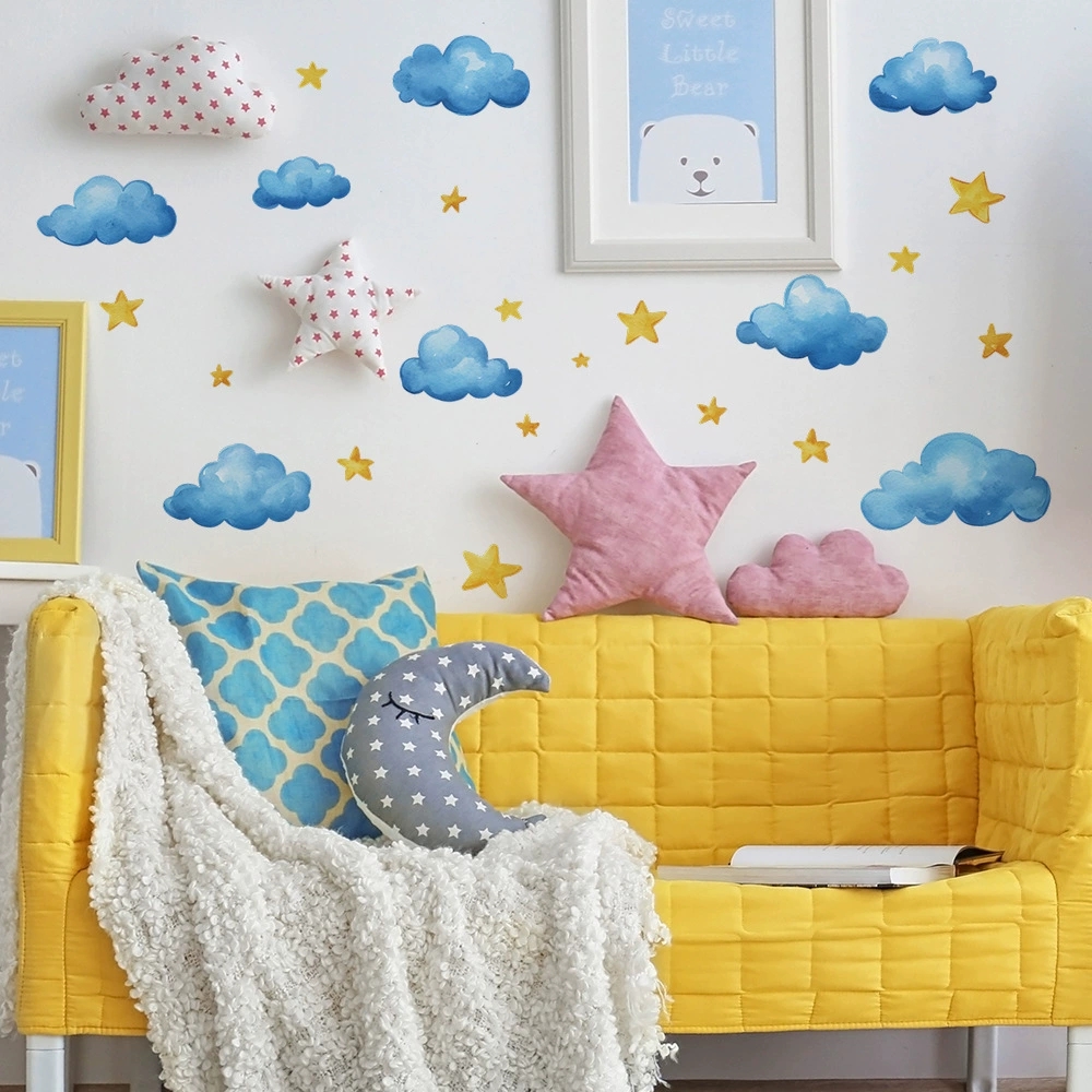 Hand Painted Clouds Stars Wall - đánh giá và giá Baby Nursery Mural Wallpaper