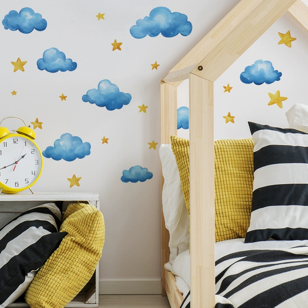 Hand Painted Clouds Stars Wall - đánh giá và giá Baby Nursery Mural Wallpaper
