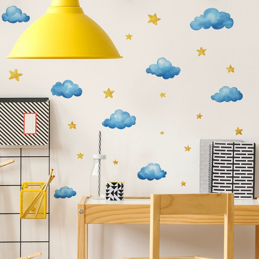 Hand Painted Clouds Stars Wall - đánh giá và giá Baby Nursery Mural Wallpaper