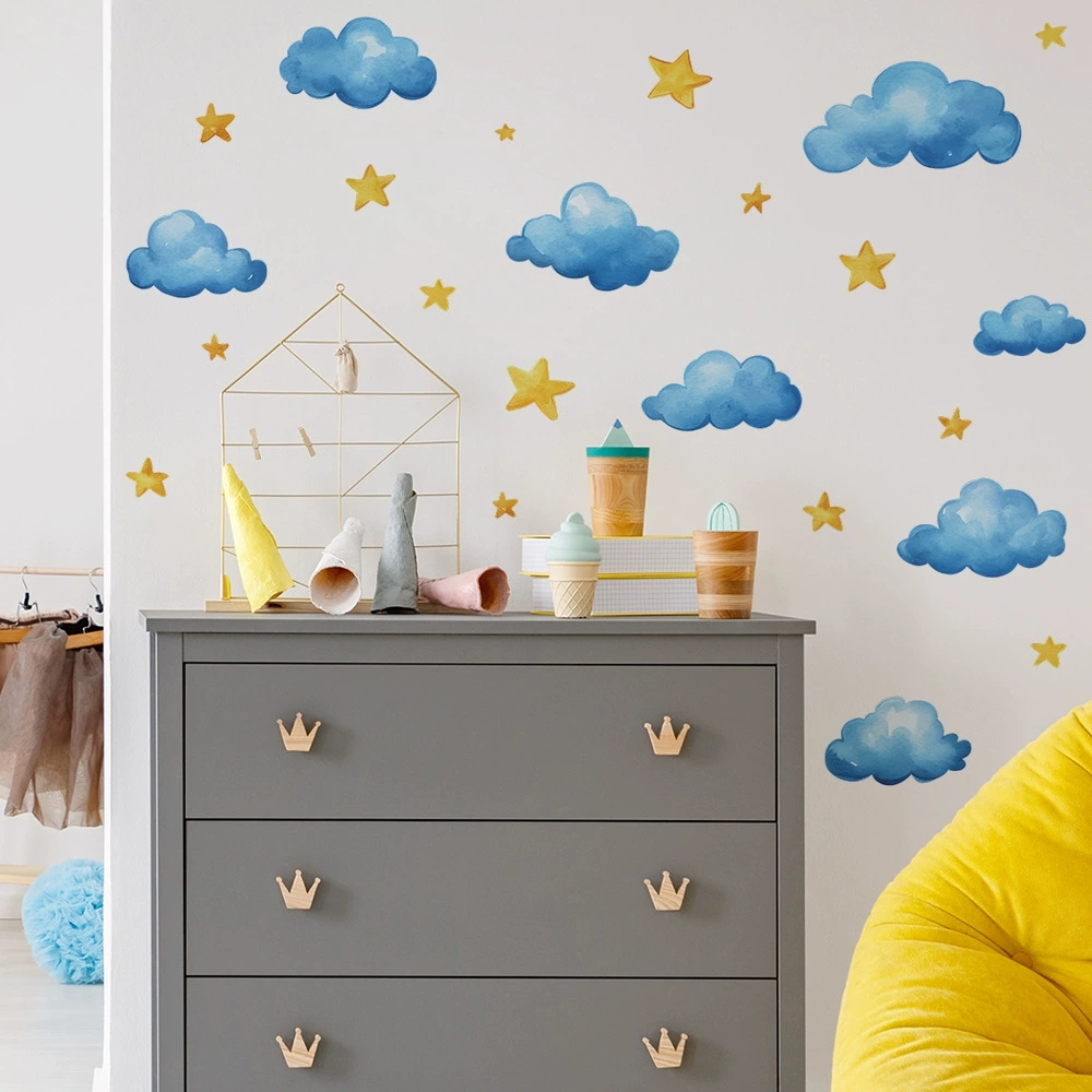 Hand Painted Clouds Stars Wall - đánh giá và giá Baby Nursery Mural Wallpaper