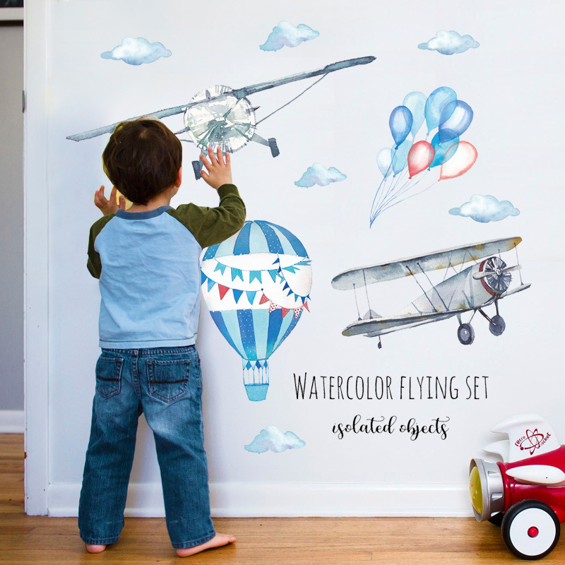 Watercolor Airplane Hot Air Ba - đánh giá và giá Baby Nursery Mural Wallpaper