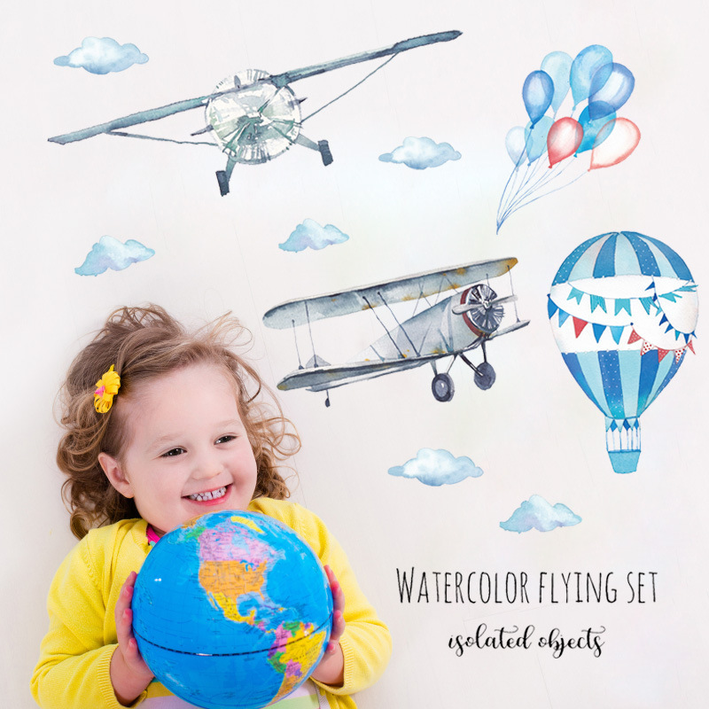 Watercolor Airplane Hot Air Ba - đánh giá và giá Baby Nursery Mural Wallpaper