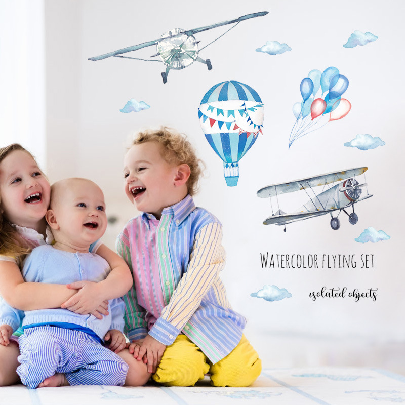 Watercolor Airplane Hot Air Ba - đánh giá và giá Baby Nursery Mural Wallpaper